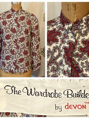 Vintage 60s 70s DEVON Gray Paisley Mod Polyester Shirt Blouse Top M Secretary